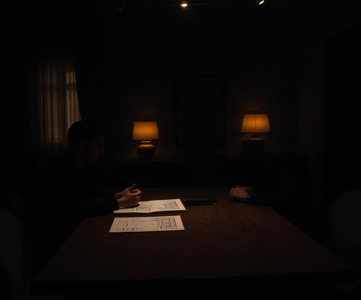 A consultation across a table with drawings in a warmly lit Indian home
