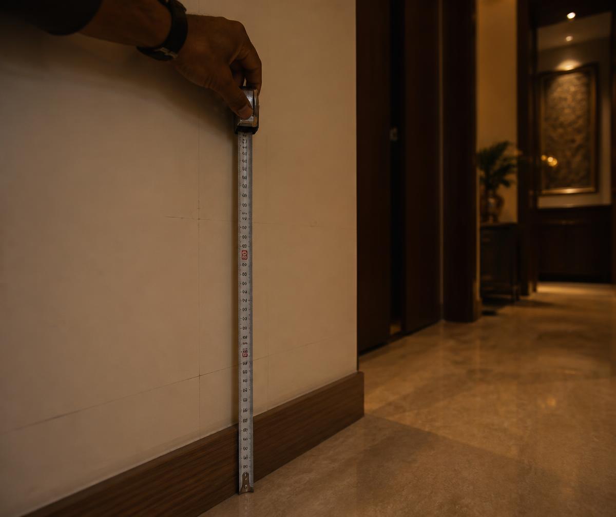 Measuring a wall corner with a tape measure and laser during a site survey