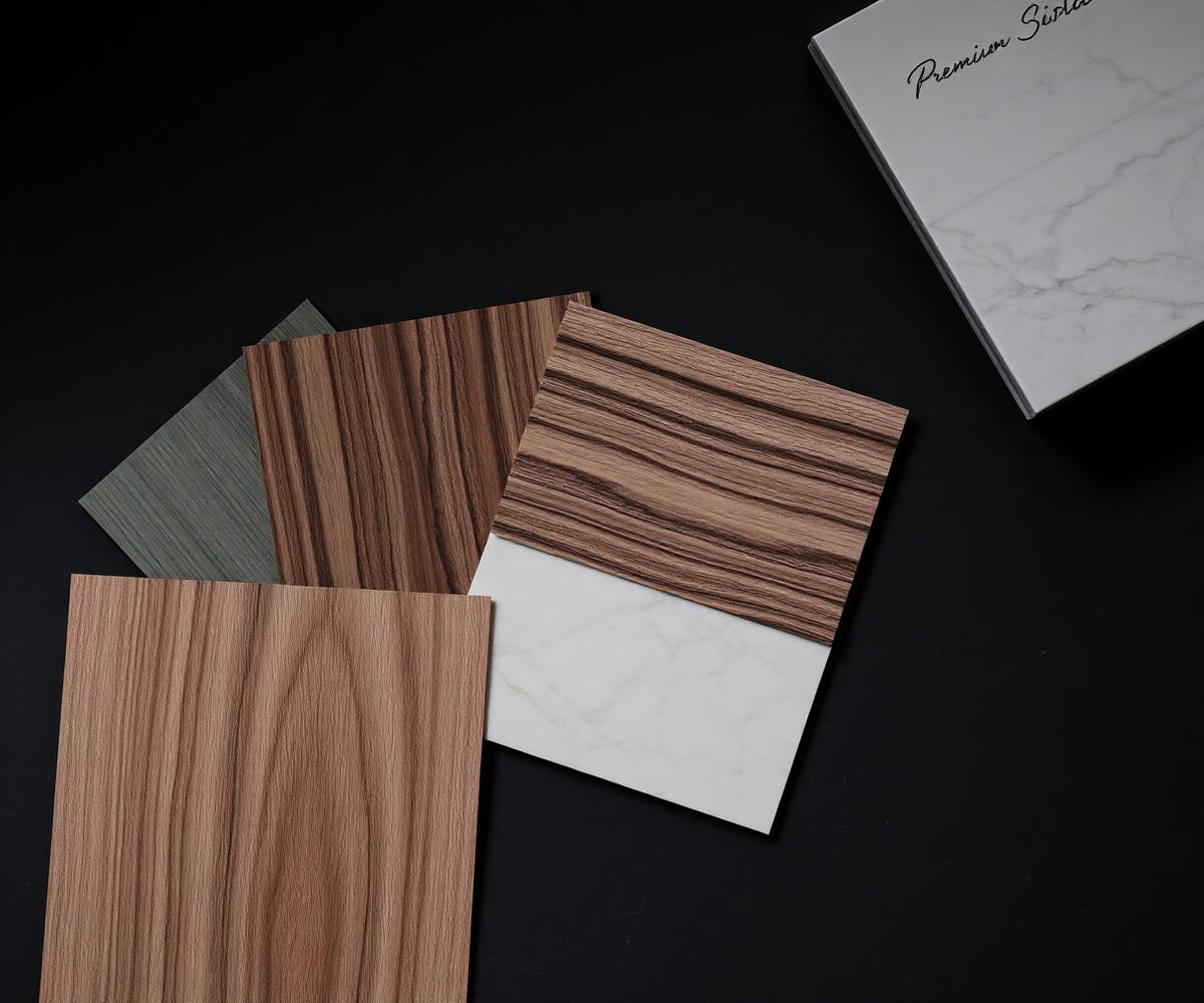Material and finish swatches — aluminium, teak veneer and marble — on a dark surface