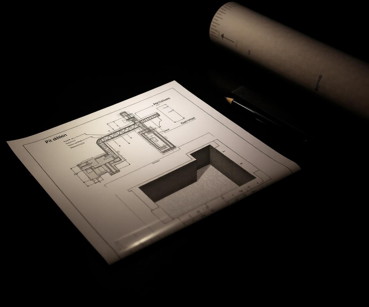 A structural pit-detail drawing with a scale rule and pencil