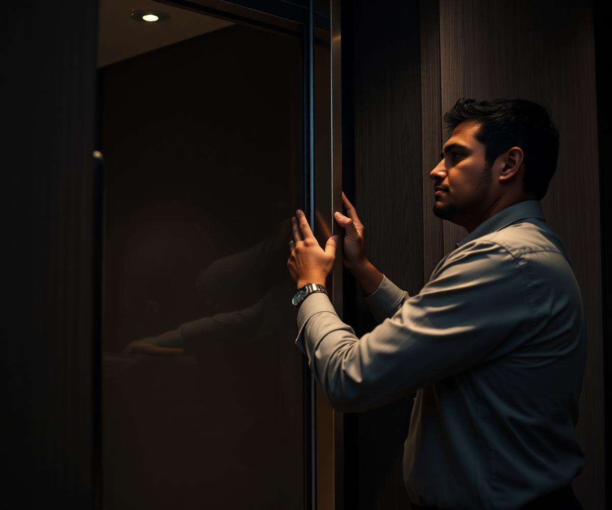 A technician aligning a glass lift frame post during supervised installation