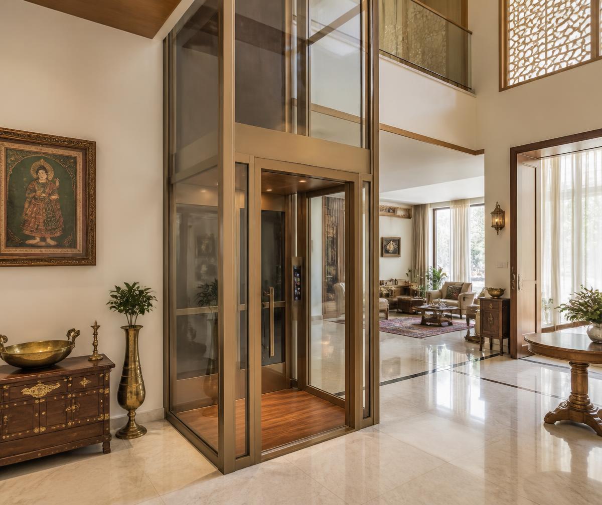 Freestanding glass lift set against the wall of a double-height villa living space with marble flooring and brass accents