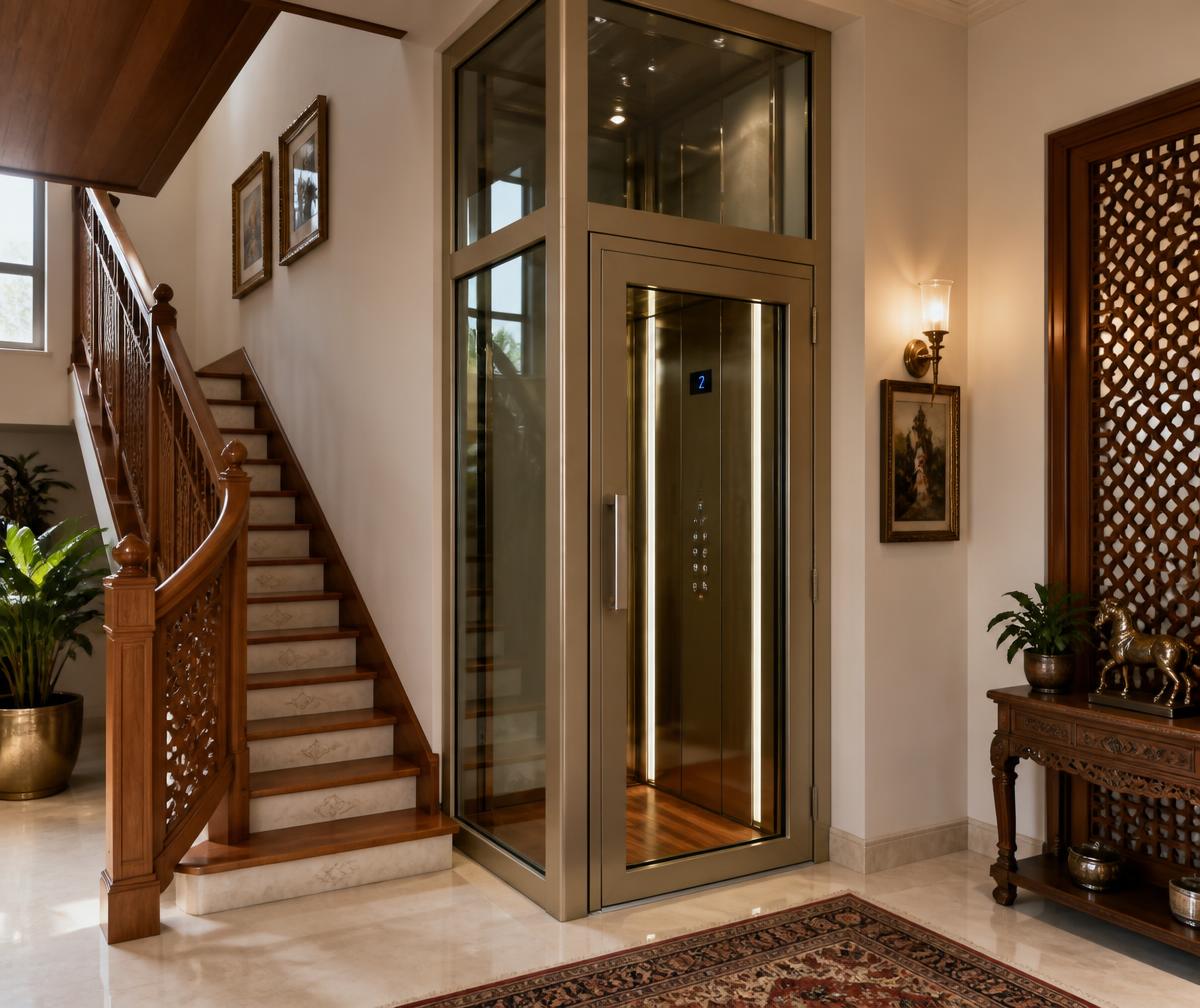 Home lift installed flush against the wall beside a carved wooden staircase in an entrance foyer